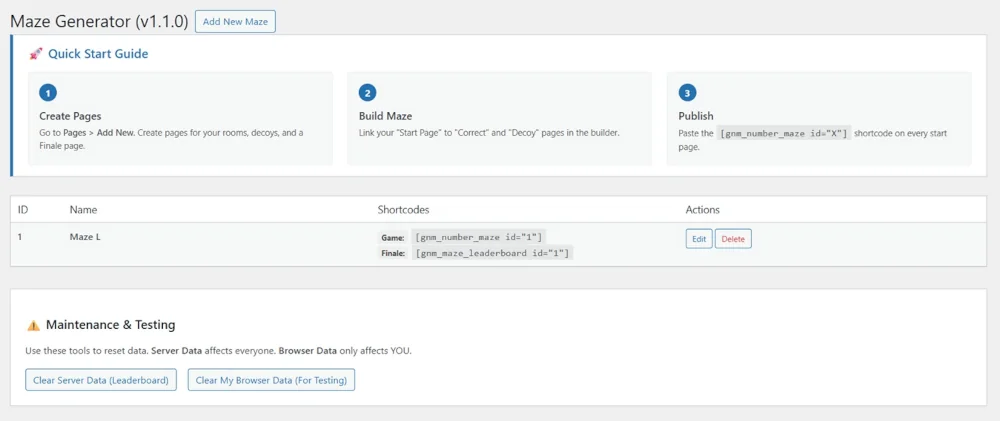 Screenshot of the Maze Generator builder in WordPress.